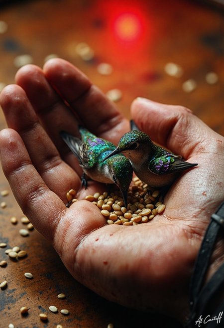A close-up of a human hand, with a few strands of silver hair visible on the wrist, cradling two iridescent hummingbirds, their feathers shimmering with a subtle turquoise and purple sheen. The hand's fingers are curled around the birds, gently cupping them as they peck at a scattering of golden sesame seeds. The birds' tiny beaks are open, their tongues extended as they eat. The hand's skin is weathered, with age spots and fine wrinkles etched into the skin. The background is a warm, honey-colored wood surface. The lighting is harsh, with a single, intense spotlight shining down from above, casting deep shadows and accentuating the textures of the hand and the birds' feathers. The spotlight is a bright, fiery red, casting a dramatic glow over the scene., fg, l1n0c2t<lora:Flux/Stylized-Super-Texture.safetensors:0.6000000000000001:0.6000000000000001> <lora:Flux/Linocut - s1 g4.safetensors:0.30000000000000004:0.30000000000000004> <lora:CustomFlux/MysticRealism.safetensors:0.6000000000000001:0.6000000000000001>