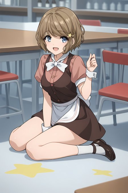 (waitress:1.50), bgs-tomoe, brown hair, short hair, blue eyes, bangs, hairclip, star necklace,
medium breasts,
1girl, solo, skinny, (source_anime, score_9, score_8_up, score_8, score_7_up), score_7, score_6_up, score_6, score_5_up, score_5, 
(happy:1.10),
(:1.10),
(full body:1.40), (:1.10),
<lora:bgs-tomoe-V01-000004:0.90>