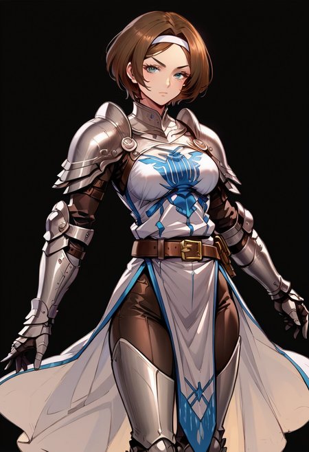 score_9, score_8_up, score_7_up, source_anime, anime style, anime, 1girl, (solo), mature woman, confident, arrogant, fit, slim, tall, Remedios, standing proud, detailed face, grey eyes, overall details, white skin, short hair, brown hair, headband, white robe, armor, pauldrons, blue heraldry, belt, (armored gaiters:1.3), armored boots, gauntlets, brown leather pants, hourglass figure, looking at viewer, beautiful thighs, hips, (black background:1.3)
<lora:Remedios_Custodio_Overlord:0.6>, looking at viewer, (vibrant colors)
<lora:LineArt Mono Style LoRA_Pony XL v6:1> <lora:Expressive_H-000001:1>