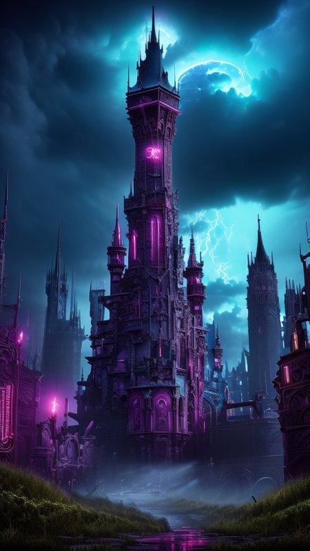 Neon noir, 
Gothic style, 
Masterwork Painting, Magnum Opus, 
 <lora:Wizard_Tower:0.75> witow, castle, cloud, cloudy sky, grass, no humans, scenery, sky, tower, tree, 
<lora:Fantasy_Mountains:0.75> fanmou, footprints, forest, grass, nature, no humans, outdoors, sky ,
  highres, 8k, uhd, High Dynamic Range, tonemapping, crisp details,  intricate details, fine details,
. Dark, mysterious, haunting, dramatic, ornate, detailed,
. Cyberpunk, dark, rainy streets, neon signs, high contrast, low light, vibrant, highly detailed