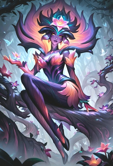 l0lspl4sh, source_anime, score_9, score_8_up, score_7_up, year2024, 1girl, elderwood 1girl, elderwood, West Studio, sixmorevodka, A beautiful woman is sitting on a log in an elderwood forest holding a flower, pink flower, dew drop, trees, fog, looking at viewer, seductive smile, <lora:L0LSPL4SH_40epochs:1>