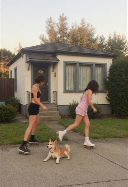 This amateur photograph captures two girls rollerskating with their pet in front of a small modest 90s suburban house, grainy photo, motion blur, nostalgic, amateur photography, warm afternoon light, overgrown garden, overgrown bushes, the photo is shaky and poorly developed