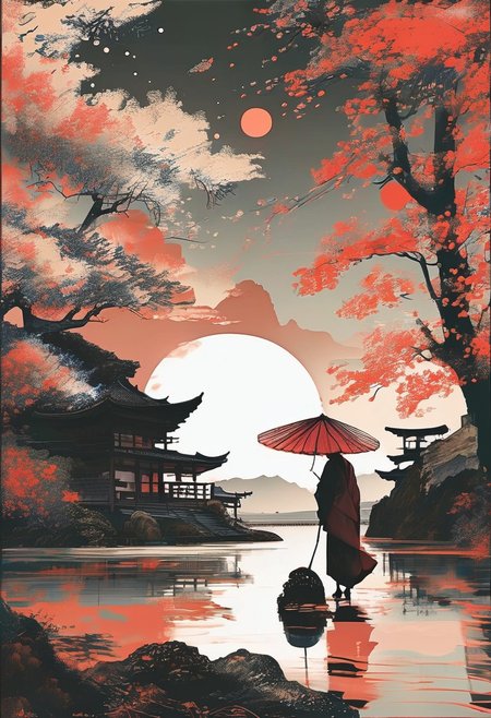 linquivera,  Ink illustration, (anime:0.5), brown tones, aged black red paper, inkpunk, moonlight,surreal, a  landscape somewhere in japan, 1 asian  geisha with umbrella, apanese style houses, mountains and a lake, (at a distance), Will-o'-the-wisp,red moonlit, solitude, windy,  OverallDetail, extremely detailed, UHD,(long exposure , dystopian but extremely beautiful:1.4) ,masterpiece, award winning,
