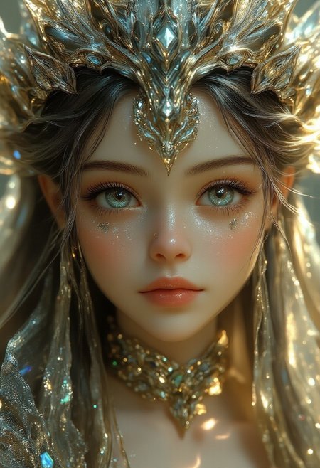 score_9, score_8_up, score_7_up,  surrealism. fantasy, complex 3d render of beautiful mesmerising biomechanical cyborg girl 25 years old, on her head, Indian headdress, long blonde hair braided, super facial detailing, with porcelain face, beautiful natural light, diamond shine, sharp graphics, clear pattern, shining eyes big, clear, pearl skin highlighting, 150mm lens, Aztec warrior, steampunk, silver and gold filigree details, alexander mcqueen high fashion haute couture, pearl earring, art nouveau fashion embroidered, hexagonal mesh, Mandelbrot fractal, facial muscles, wires, microchip, elegant, beautiful natural light, studio light, rim light, highly detailed, hyper realistic, sharp, octane render, figure V3, by Luis Royo WLOP, Artgerm, James Jean, Alphonse Mucha, style, art Deco, datanoshing, ink v3, splash style, abstract Art, abstract Tech, 3D h. r. giger style, volumetric lighting, 32k post production