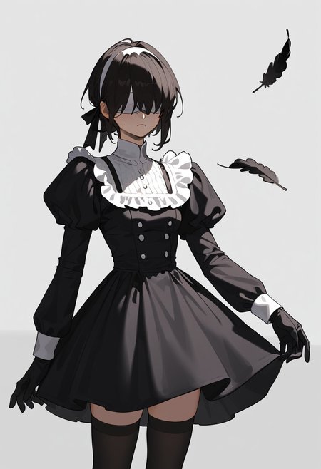 masterpiece, best quality, white blindfold, covered eyes, mole under mouth, clothing cutout, long sleeves, puffy sleeves, juliet sleeves, feather trim, black thighhighs, black gloves, black dress, black skirt,  <lora:Abbystea_Style_LoRA_XL:1>, abbystea style