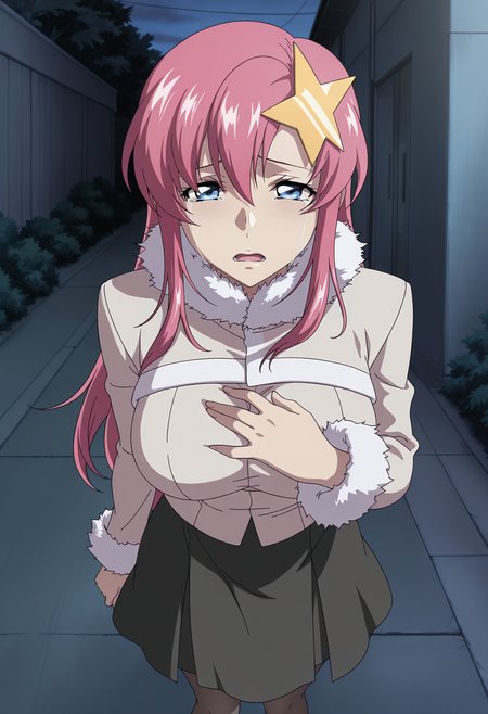 1girl,solo,mm,mature female,pink hair,long hair,star hair ornament,blue eyes,large breasts,anime coloring,
jacket, skirt,pantyhose, fur trim, looking at viewer, tears,open mouth, hand on own chest,arm at side,outdoors
,masterpiece,best quality,amazing quality,<lora:Meer_Campbell-Gundam_SEED_Destiny:0.8>