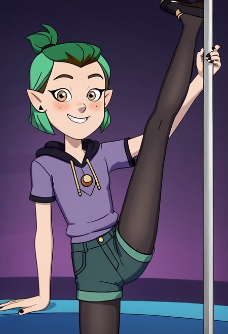 score_9,score_8_up,score_7_up, TDPStyle, disney the owl house Amity Blight, sexy attire, 1 girl, green hair, medium hair, half updo happy face, blush, small breast , Expressiveh,  hoodie, short sleeves, hood down, purple shirt, white shirt, denim shorts, leggings under shorts, black leggings, sly smile, eyes half open, cowboy shot, looking at viewer, stripper, stripper pole, pole dancing, standing on one leg,standing split,leg hold,leg lift,