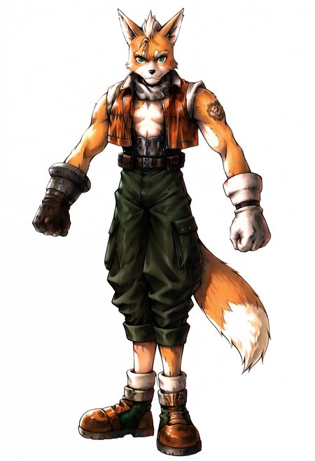 best quality, newest, absurdres, highres, (masterwork, masterpiece, best quality, hyper-detailed :1.3), 

Fox mccloud, full body, 

,white background, plain background, ff7,
