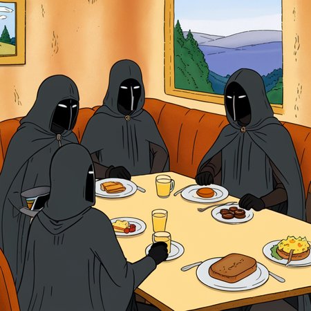 cartoon of   The Ringwraiths (The Lord of the Rings) having brunch
(in kingofthehill style:1.5)
<lora:xl_more_art-full_v1:0.5> <lora:add-detail-xl:0.45>  <lora:kingofthehillstyleXL_v.10.1:0.8>