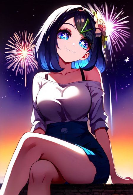 score_9, score_8_up, score_7_up,source_anime, jvdaniang, planet size, 1girl, Liko_(Pokemon), black_hair, blue_eyes, medium_hair, cowlick, hairclip, symbol-shaped pupils, eyelashes, hair flower, shirt, white shirt, collarbone, off shoulder, bra strap, shorts, blue shorts, large breasts, Surreal night scene, stars, sitting, city floor, sitting on city floor, bend over, crossed legs, looking down, in city, facial expression, kind, smile, head tilt, soft eyes, dreamlike atmosphere, fireworks, glowing edges, mystical, high contrast, ethereal light, side view, gl0w, glow, Extreme Size Difference, gradient eyes, beautiful detailed eyes, high gradient eyes, detailed eyes, high definition eyes, downward view, low-angle of viewer, low angle, left side position, growing even larger,