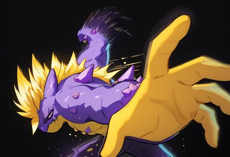 score_9, score_8_up, score_7_up, black background, Tox_amped, purple and yellow skin, yellow spikes, spikes, bored, IncrsPunchMeme, incoming punch, 5 fingers, motion lines
