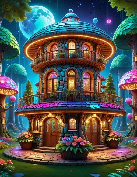 Disco-themed, high quality, masterpiece, forest scene, cute 3 storey stone round house, lots of windows, chimneys, flowers at the front, night time <lora:extremely_detailed:0.4> extremely detailed   <lora:BorkStyle:0.8> Jed-brk  <lora:CS3:0.8> Cyberspace, Digital Cyberspace theme, ((created by glowing magical energy in cyberspace)) , Vibrant, groovy, retro 70s style, shiny disco balls, neon lights, dance floor, highly detailed
