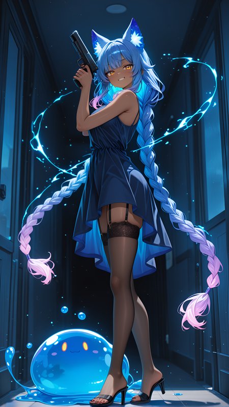 ultra-detailed, blurry foreground, nail_polish, braided hair, motion_lines:1.1, depth of field, Blue Theme, absurdres, heels, ambient occlusion, reloading heavy pistol calmly amidst chaos, best quality, cat_girl, loose dress, Candid shot, slime_(creature), absolutely eye-catching, masterpiece, stockings, perky breasts, Hallway corner where two walls meet, amazing quality, graceful body, Galaxy gradient hair, motion_blur:1.1, soft focus, smirk, newest, showing paint colors or wallpaper seam., HDR, very long hair, 1girl, 8K, very aesthetic, magic glowing aura, Kyouka Izumi, slime_(creature), alluring lotus position, barefoot, anime character, garter_belt, Sunny/Clear, dark skin