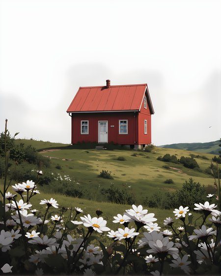 The image depicts a serene and picturesque rural scene featuring a small, vibrant red house situated on a grassy hill. The house has a steep, reddish-brown roof and white-framed windows, giving it a quaint and charming appearance. The surrounding landscape is lush with green grass, creating a soft, rolling backdrop that enhances the peaceful atmosphere. In the foreground, delicate white flowers add a touch of natural beauty, framing the scene beautifully. The overall setting exudes simplicity and tranquility, capturing the essence of a quiet countryside environment.
j_art, anime, anime art, <lora:FLUX\jul\J_Anime:0.7>, <lora:FLUX\RealAnime:0.7>