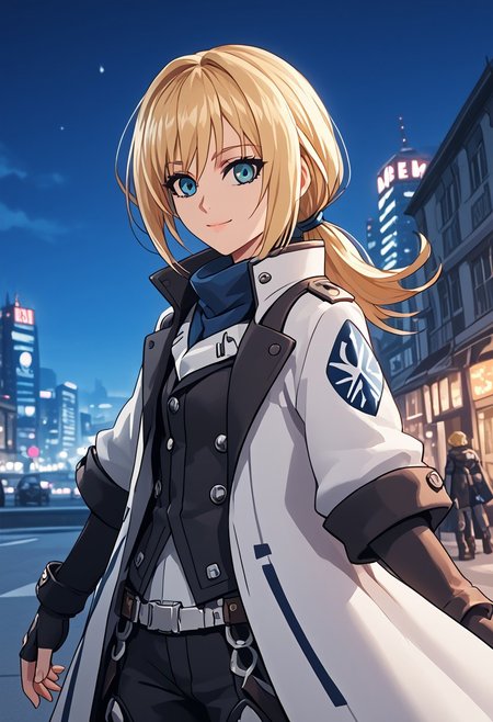 score_4,score_5,score_6,score_7_up,score_8_up,score_9 ((masterpiece,best quality,ultra detailed,highres,HD,4k:1.2)), 
Azure Striker Gunvolt(Main),
1 girl,solo,girl focus,solo focus,upper body,face focus,
<lora:krista-lenz-s1-ponyxl-lora-nochekaiser:1>, krista lenz, long hair, blue eyes, blonde hair, ponytail, low-tied ponytail, coat,long coat,navel,pants,black boots,knee boots,gloves,fingerless gloves,
night,city,science fiction,
smile,light smile,