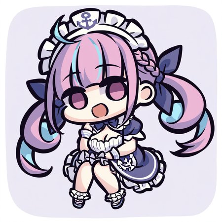 chibi,solo,1girl,minato aqua,hololive,bangs,blue hair,multicolored hair,two-tone hair,long hair,purple eyes,breasts,ahoge,braid,streaked hair,colored inner hair,twintails,bow,pink hair,purple hair,ribbon,blunt bangs,medium breasts,hair ribbon,blue ribbon,hair ornament,<lora:Kei_Style_noob-4:1>,