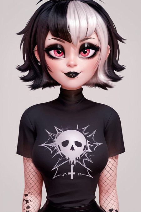 score_9, score_8_up, score_8, medium breasts, (curvy), cute, eyelashes,       BREAK, ,   ,,, <lora:GothMavis_PDXL:0.8>, zzGothMavis, black hair, white hair, makeup, short hair, black lips, multicolored hair, two-tone hair, ear piercing, eyeshadow, gothic, shirt, lipstick, tattoo, turtleneck, cross ,,, , BREAK, smile, closed mouth, looking at viewer, cowboy shot, ,,, embedding:zPDXL, Expressiveh, ,,, <lora:Puppypaww_Style_PDXL_v2:0.8>, <lora:SDXLFaeTastic2400:0.5>, <lora:Expressive_H-000001:0.4>,