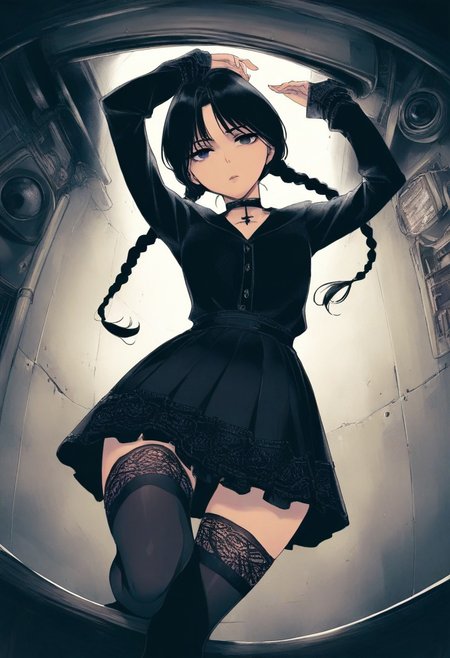 high_quality, highres, beautiful, detailed, (masterpiece, best quality:1.2), absurdres, 8k, HDR, Wednesday addams, 
1girl, woman, gentle_smile, choker, two braids, curtain_bangs, pure, grunge, ruffled_skirt,
panty_peek, thigh_gap, knee_up_hugging_leg_pose, wall_squat, classic_french_lace_thighhighs_with_embroidered_roses, fisheye, looking_down_at_camera,