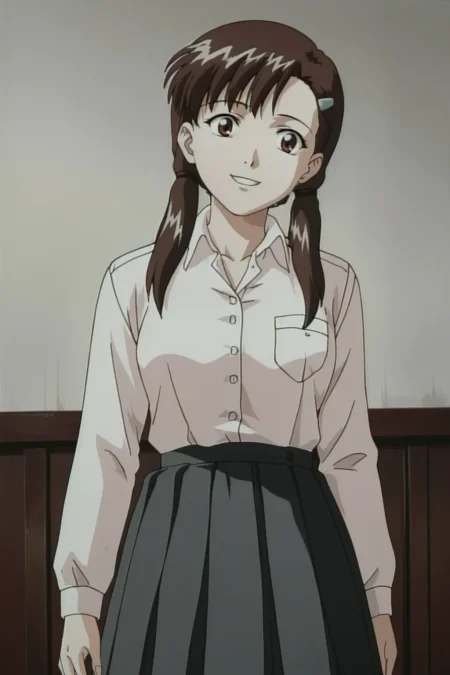 score_9, best, masterpiece, uncensored,
indoors,
1girl, solo, smile, 1990s (style), retro artstyle,
DWKojiJunsSister, collared and buttoned shirt with left breast pocket, pleated skirt, hairclip on left side,
<lora:DWKojiJunsSister_V4:0.8>​​​