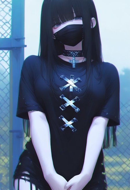 1girl, solo, mouth mask, mask, long hair, black hair, shirt, bangs, fence, looking at viewer, short sleeves, own hands together, chain-link fence, outdoors, black shirt, blurry, cowboy shot, choker, torn clothes, blue eyes, blurry background, cross, blunt bangs <lora:748cmXL_NBVP1_lokr_V6311PZ:0.95>