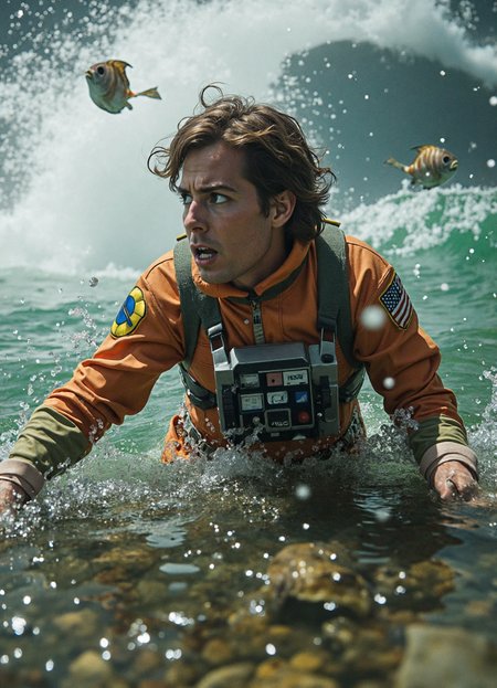 {"T5": ",A highly detailed, hyperrealistic photograph of a Rebel starfighter pilot, dressed in a modest, ankle-length flight suit, caught in the blast radius of a meteor impact in a deep ocean, with a look of shock and confusion on their face, as they struggle to communicate with a group of nearby ocean creatures, set against a backdrop of murky, turquoise water and debris-filled ocean floor, with the pilot's hair disheveled and their eyes wide with fear, viewed from a low angle, looking up at the pilot, with the meteor impact's blast wave visible in the background, and a school of fish swimming away in the distance, with intricate textures and details on the pilot's suit, the ocean creatures, and the surrounding environment,", "CLIP-L": ",Rebel starfighter pilot, meteor impact, deep ocean, language barrier, hyperrealistic, highly detailed, modest flight suit, shocked facial expression, ocean creatures, turquoise water, debris-filled ocean floor, disheveled hair, wide eyes, low angle view, blast wave, school of fish, intricate textures, (human:fish:.5),"}
<lora:Rebel_Starfighter_Pilot_-_Star_Wars_Flux:0.85>