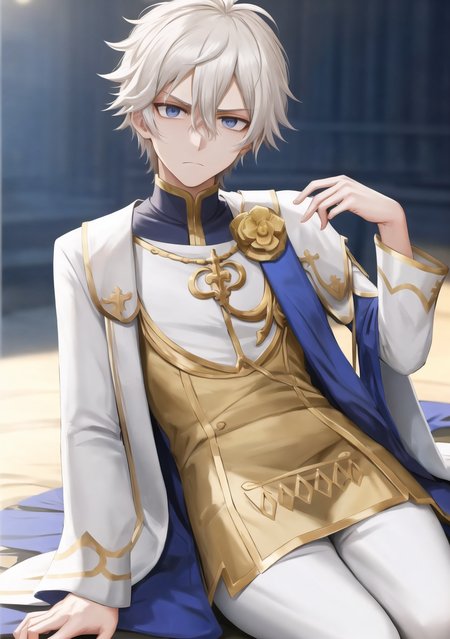 incredibly absurdres, best quality, 8k wallpaper, sharp focus, fine edges, depth of field, panorama, lying, looking at viewer, (young male character, 1boy, male focus, white hair, hair between eyes), (disdain:1.2), wearing mary janes with no jewelry or neckwear, indoors, finely detailed background, amazing background