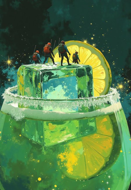 A team of tiny ice climbers ascends the sparkling, frosty surface of a single ice cube suspended within a vibrant margarita. The scene is zoomed in to capture the intricate details of their climb, with small ice picks chipping into the glistening, translucent cube. Tiny droplets of condensation shimmer in the light, clinging to the climbers’ colorful gear as they navigate the jagged, icy terrain. The top of the margarita surrounds the cube, a shimmering pool of green liquid rippling gently, with a faint sparkle of salt crystals from the drink's rim just visible at the edges of the frame. A lime wedge looms like a distant peak in the background, its textured surface glowing faintly in the sunlight. The scene feels immersive and whimsical, a microcosm of epic adventure nestled within the refreshing stillness of a cocktail.  

best quality sharp focus, high contrast, stylized, clear, colorful, surreal, ultra quality, 8k, best quality, masterpiece, DB4RZ, DB4RZ style painting, NeoPigma, in the style of cksc, anime, cyberpunk