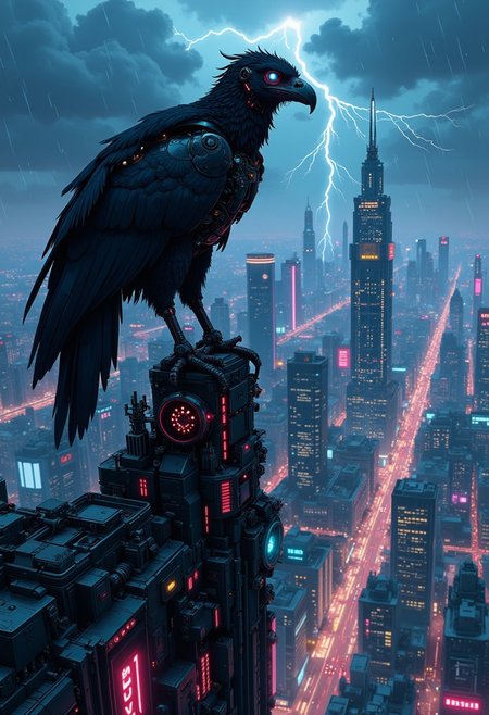 A digital artwork in the style of cknc, Anime Studio concept art. A massive cybernetic vulture perches atop the spire of a futuristic cybercity skyscraper. Below, the glowing urban sprawl stretches endlessly, its streets pulsating with rivers of neon light. The bird’s mechanical wings are folded, faintly humming with energy, while its piercing, glowing blue eyes scan the cityscape like a vigilant sentinel. The dark, moody atmosphere is punctuated by a backdrop of clouds and sporadic rain, with occasional lightning strikes illuminating the detailed urban scene.