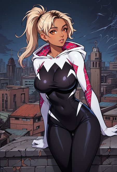 score_9, score_8_up, score_7_up, score_6_up, score_5_up, score_4_up, ANIMEShader, beautiful elven woman, (dark skin:1.3), long white hair in a ponytail, small cute button nose, soft round chin, detailed orange eyes, bright orange eyes, high definition eyes, detailed eyes, elf ears, huge breasts, Spider Gwen's costume, bodysuit, bodysuit black legs, hooded bodysuit, hood down, skin tight, spider web print, abandoned building, ruined city, rooftop, outdoors,