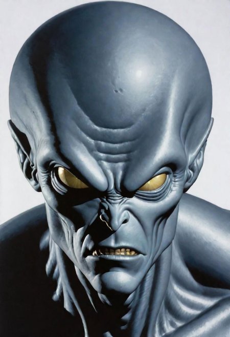 Half-length illustration for comic book cover made by Bruce Timm. face of an gray 
alien looking evilly.