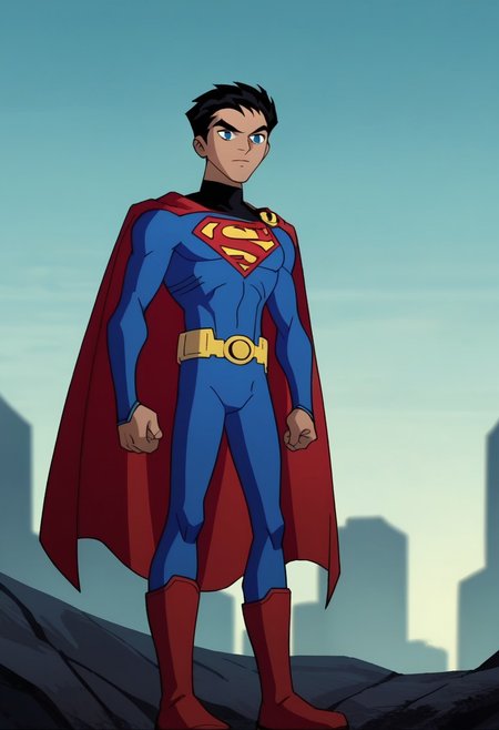 score_9_up, score_8_up, score_7_up, source_anime, anime screencap, portrait, close up of Superman,1boy,solo,male focusblack hair, short hair, blue eyes,no pupils,blue bodysuit,red cape, red trunks, yellow belt, red boots, flat color, outdoors, night, blue_background, 1990s_\(style\), closed_mouth, silhouette, dark