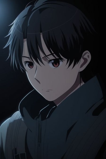 high resolution, solo, best quality, 1Boy, Inaho Kaizuka, Black Hair, cool, Mysterious black background, Movie lighting, a sense of atmosphere, OverallDetail