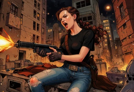 (hyper coherent image:1.4) (finely intricate details:1.4) an hyper-realistic comic illustration of the side view of an angry tankgirl woman in a black T-shirt and ripped jeans, expressing intense rage as she fires with a submachine gun. Her face, marked by determination, is illuminated by bursts of explosions in the background, creating a striking contrast with the dramatic shadows enveloping her body. Around her, concrete debris and shards of glass fly through the air, accentuating the intensity of the action. The scene is filled with black smoke, adding an ominous atmosphere, while neon lights emanate from a ruined building, offering a modern touch to the chaotic environment. The background is a devastated cityscape, reinforcing the sense of danger and conflict. The image should be comic-style, with bright colors and exaggerated features to accentuate the action. Use a hyper-realistic approach to capture every detail, such as the textures of his worn jeans and the metallic surface of the machine gun.  hyper-detailed, photorealistic and in 8k resolution,  perfect anatomy.â<lora:flux_tank_girl_rank16_bf16-step03000:0.5>