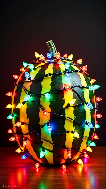 A professionally shot photography of a ChristmasLightsStyle Watermelon. Covered in  christmas lights, 
<lora:ChristmasLightsStyleFlux:0.7>