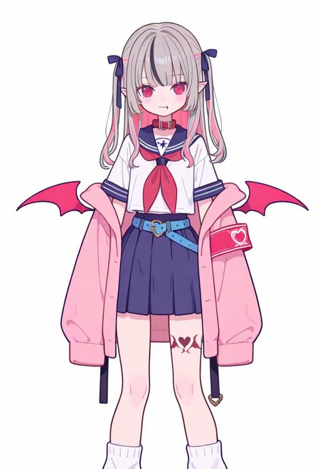 Flatline, Flat vector illustration, looking at viewer, full_body, 
niji-ririmu,flat chest,red eyes,long eyelashes,grey hair,streaked hair,multicolored hair,pink inner hair,pointy ears,fang,heart tattoo,tattoo around thigh,long hair,two side up,black hair ribbon,saggy hair ribbon,red wings,demon wings, 
niji-ririmucos1,serafuku,white shirt,short sleeves shirt,red neckerchief,midriff,blue belt,loose belt,blue skirt,miniskirt,pleats skirt,white socks,loose socks,red choker,red collar,pink jacket,off shoulder jacket,armband,long sleeves,sleeves past wrists,sleeves past fingers, 
slim, slender, fair skin, clear skin, beauty skin, smooth skin, shiny skin, beautiful legs, long legs, 
from front, front view, straight-on, look at viewer, standing, (legs apart:1.4), 
white background,
