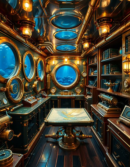A stunning and intricate view of the interior of the Nautilus submarine, inspired by Jules Verneâs steampunk aesthetic. The room is a mix of Victorian elegance and advanced 19th-century marine engineering. The walls are lined with riveted brass and copper pipes, with intricate pressure gauges and mechanical levers. A massive, round glass porthole offers a breathtaking underwater view of deep-sea creatures swimming in the dark abyss. The warm glow of antique oil lamps and gaslights illuminates the space, casting soft golden reflections on the polished mahogany furniture and ornate brass railings. A large wooden desk is covered with old nautical charts, compasses, and a logbook filled with Captain Nemoâs notes. In the background, a library with leather-bound books and scientific instruments is neatly arranged on wooden shelves, emphasizing the scholarly and adventurous nature of the vessel. The ambiance is a perfect fusion of mystery, science fiction, and vintage maritime beauty, evoking a sense of wonder and deep-sea exploration.<lora:SDXLFaeTastic2400:0.4> <lora:extremely_detailed:0.4> extremely detailed, <lora:Nautilus_subm4r1n3:1>,Nautilus subm4r1n3, Masterpiece,best quality,hi res,8k,hi res,8k,award winning,(sharp focus, intricate, highly detailed),