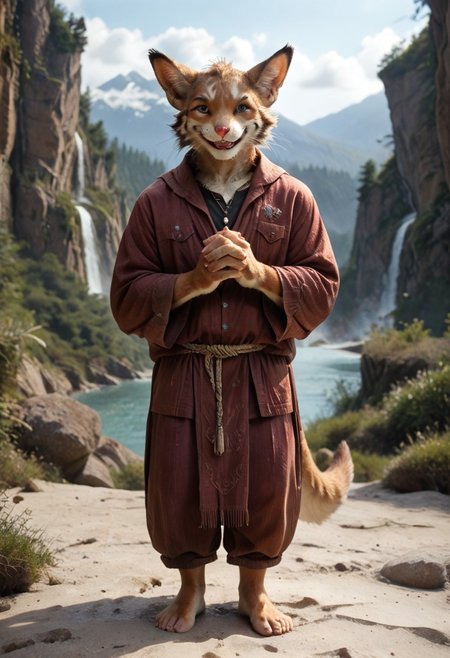 (((Barefoot furry character, full body, cinematic setting, furry male, plantigrade)))
(((rain))) keeps falling down - down
into the rivers of life
into the oceans of this world
and back up into the sky
((mountains of gold))
are shrinking in time
they vanish into space
revealing your true face
what is the meaning of all that is? 
just for a start...
I can feel your ((smile))
right in my heart
time is calling name by name
come back to me
enchanted by the sound 
the souls swirl around and around
((time is calling)) name by name
come back to me
enchanted by the sound 
my soul bursts into flames 
BREAK, intricate details, highly detailed, extreme detail, octane render, fine art, best quality, highres, (detailed face:1.5), ((full_body)), UHD, (((perfect hands))), low light,