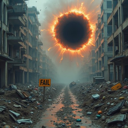 A small black hole has appeared in the middle of messy construction site, the singularity is warping reality around it, warping and pulling everything into the black hole, a sign that reads, "FAIL" is being pulled into a singular point with more mass than a blue hypergiant star, its a zone of utter chaos and catastrophe as everything is sucked into oblivion
