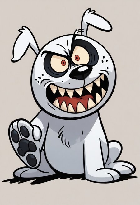 (score_9 | score_8_up | score_7_up) ((masterpiece:1))(best quality,very high quality,ultra detailed:1.2) (2D,cartoon style,anime style)(Smooth:2)(clean blurring) (four fingers on each hand,one thumb on each hand:1), solo, charles, dog, black spot on left eye, white fur, paw, dog paws, runaway brain, monstrous look, angry face, exagerated features, intense eyes, aggressie expression, hunched, menacing, sharp teeth, hunched over, full body