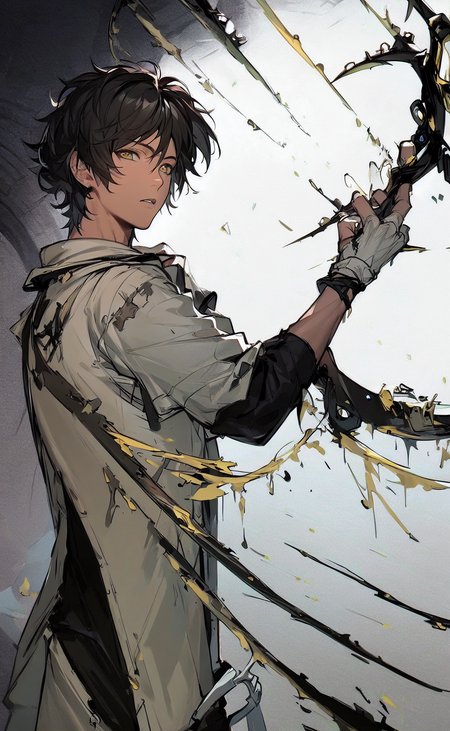 (solo:1.5),(masterpiece:1.5),(best quality:1.5),(bust:1.3),Amazing,beautiful detailed,extremely detailed wallpaper,extremely detailed CG unity 8k wallpaper,extremely delicate and beautiful eyes,{{1boy}},male_focus, thorns,weapon,jewerly,black t-shirt,dynamic pose,
