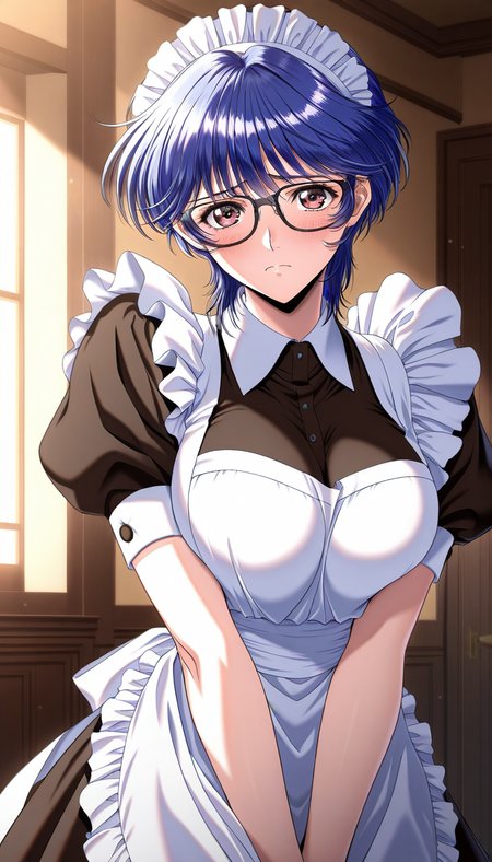 masterpiece, best quality, good quality, <lora:Kurata_arisu_IS:0.8> Kurata_arisu, blue hair,  blush, (no glasses:1.5)
short hair, large breasts,brown eyes, yokota mamoru style,
1girl, solo, maid, maid headdress, apron, short sleeves, looking at viewer, black-framed eyewear, maid apron, v arms, frown, sad, puffy sleeves, dress,
Western-style building in the room.