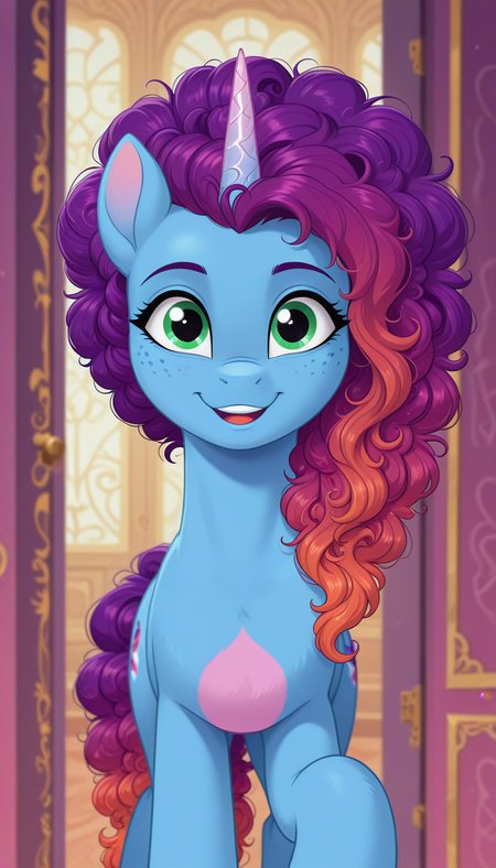 masterpiece, , (SOLO: 1.2) my little pony, friendship is magic, wild, detailed background, digital drawing, pony earth ponies, OBSTRUCTED BACKGROUND, FRONT VIEW, looking at viewer, hello, happy, hoof up
, Misty Brightdawn  , unicorn, pony, freckles, blue body, green eyes, curly hair rebirth look, gradient hair, purple and orange (hair,curly hair, curly hair slicked back:1.3)    <lora:Misty_Brightdawn323:0.7>