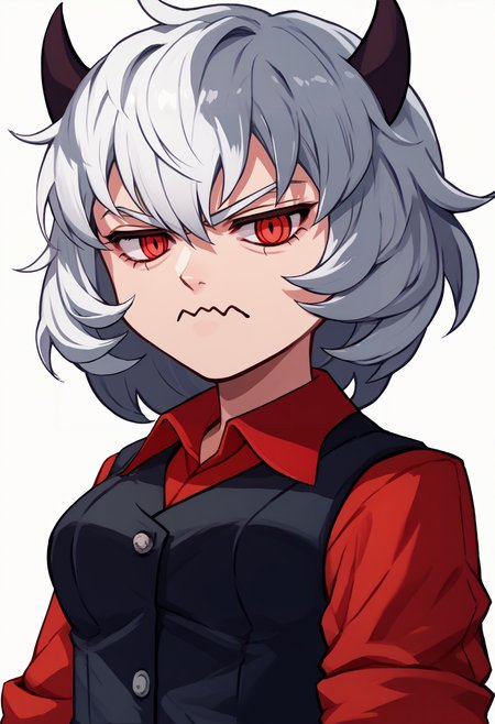 score_9, score_7_up, zeroazureportraits, simple background, white background, solo, upper body, 1girl, htmalina, unamused, looking at viewer, wavy mouth, standing, demon horns, red shirt, sleeves rolled up, black vest, waistcoat <lora:zs_ZeroAzurePortraitsXL:1> <lora:helltaker_malina_ponyXL:1>