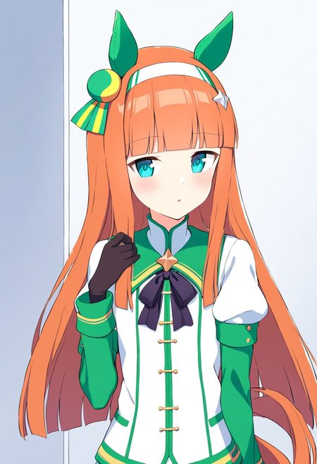 SilenceSuzuka,horse girl, green horse ears, green ear covers, horse tail, turquoise eyes, flat chest, slender, hime-cut, orange long hear, blunt bangs, shiny hair, white hearband, hair ornament,1girl,small breast, upper body,room,bedroom, plush toy in hand,