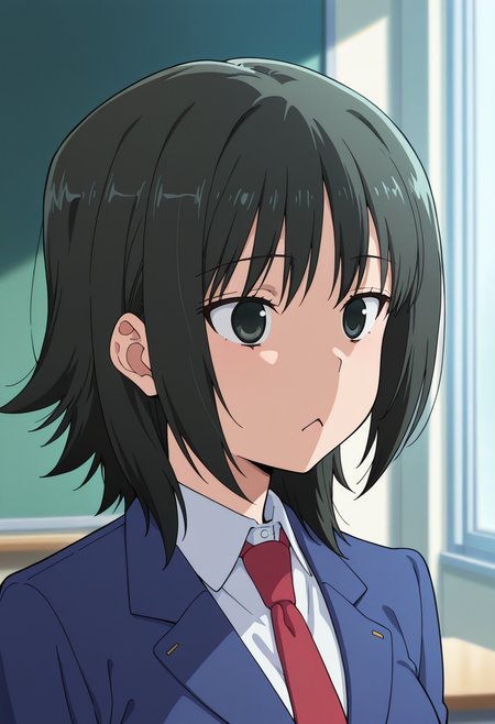 masterpiece, best quality, amazing quality, very aesthetic, absurdres, newest, illustration, perfect composition, intricate details, highres, anime coloring, general, 1girl, solo, portrait, atsukoww, black eyes, black hair, medium hair, medium breasts, blue blazer, school uniform, breasts, white collared shirt, red necktie, triangle mouth, closed mouth, shiny body, shiny skin, skindentation, clear skin, shiny hair, ultra detailed eyes, depth of field, sharp, intricate details, hyperdetailed, ultra-detailed, detailed clothing folds, high contrast, dynamic light, <lora:Atsuko_Minami-Ke_ill:1>