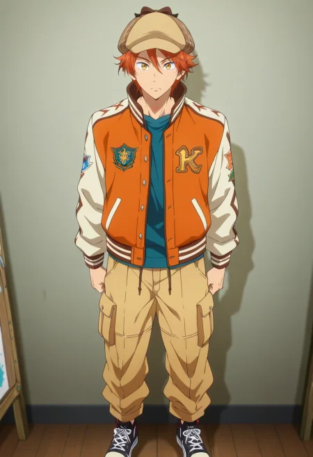 masterpiece, best quality, intricate details, anime screencap, anime coloring, official style, looking at viewer, 1boy, solo, male focus, <lora:momotarou_mikoshiba_ilxl:1>, momotarou_mikoshiba, orange hair, yellow eyes, , Cargo pants, Varsity jacket, Canvas sneakers, Deerstalker hat,