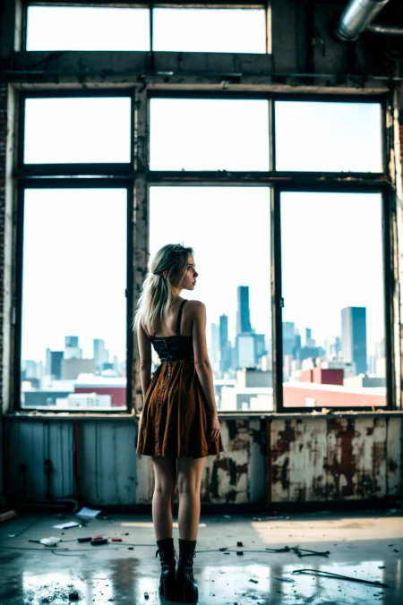 photograph, cinematic color grading, 1girl, woman, beautiful, Industrial loft with skyline view in a empty fantasy topia outside of time, masterpiece<lora:EnvyBetterHiresFixXL01:1>