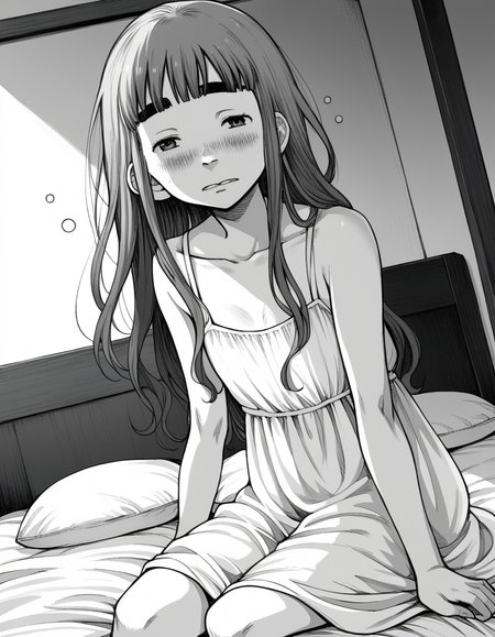 score_9, score_8_up, score_7_up, source_anime,
aikotanaka, <lora:aiko-tanaka-manga-ponyxl-lora-nochekaiser:1>,
aiko tanaka, long hair, bangs, thick eyebrows, blush, greyscale, monochrome,
dress, white dress, collarbone, bare shoulders, sundress,
indoors, bed, bed room, on side, blush, drunk,
looking at viewer, cowboy shot, solo, dutch angle,