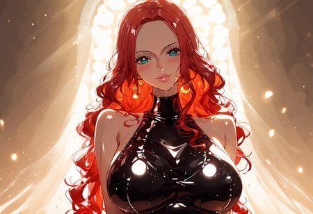 Latex Skirt, Sexy latex dress, black latex dress, Blush, naughty smile, very shiny skin, sexy glossy lips, Very erotic pose, baccarat (one piece), huge sexy breasts ,score_9, score_8_up, score_7_up, 1girl, source_anime, shiny skin, wet, cery detailled, erotic background, erotic clothes, erotic face, source_anime, beautiful face, perfect face, sexy pink lips, cute face, Expressiveh, perfect sexy face, perfect milf face, Blue and green toned shadows, Sunlight, golden hour, hughly contrasted midtone, high contrast, heavy colors contrast, lot of highlights on skin, face and breast as focal point, shiny forehead, strong and soft shadows, blue and green shadows, red and orange lights, cold shadows, hot lights, redish spotlights, heavy occlusion shadows, warm highlights, darker shadows,, blue green environnement, golden hour sunlight, blue highlight in shadows, red highlights on skin, sexy eyes, eye highlight, majestic long hair, blue hue, red hue, fullbody shot, sexy hips, wide hips, chubby tights, big hard nipples, Opbaccarat, Red hair