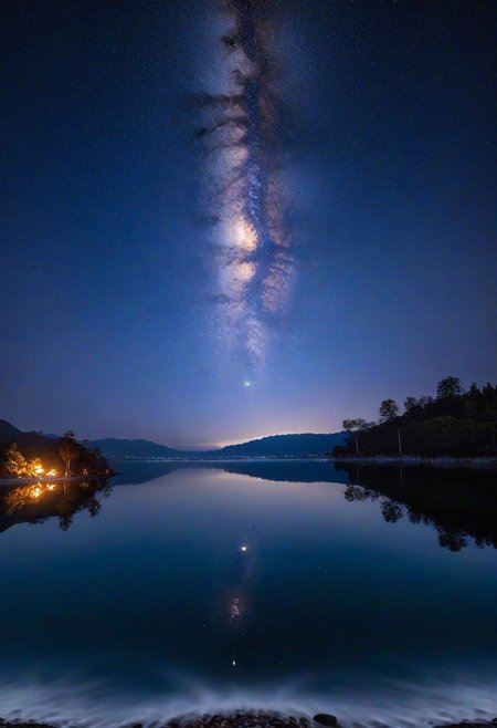 ocean, stars, moon, calm, birds, palm trees, beach, reflections, water tides, 8k, highest resolution, masterpiece, night, fireflies, villa, lights, cloud, cherry blossom, day, fantasy, fish, lake, landscape, high snowy mountain, no_humans, ocean, outdoors, river, scenery, sky, splashing, water, watercraft, waterfall, waves, ultra realistic, photorealistic, sea, ocean, (reflection), (ray tracking), (unreal engine), (Japanese), top view, high elevation, (water reflection), (clear water), photorealistic, 8k, unreal engine, super great 3d render, 3d, 3d ray tracking, liquid, super high quality, (super close look at water), Milky Way, Night sky, Painstaking Attention To Details